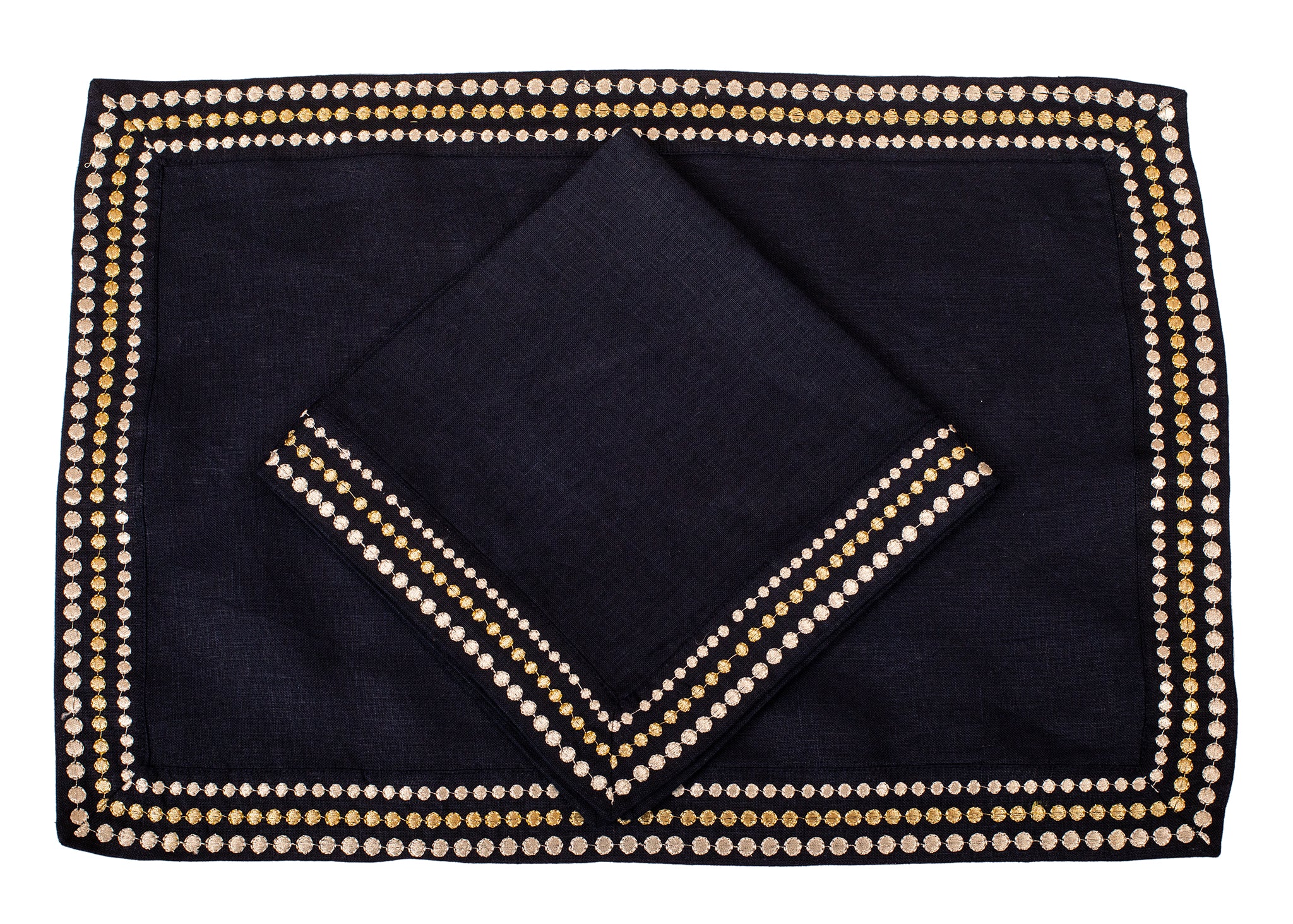 Navy blue linen placemat and  napkin with silver embroidery.