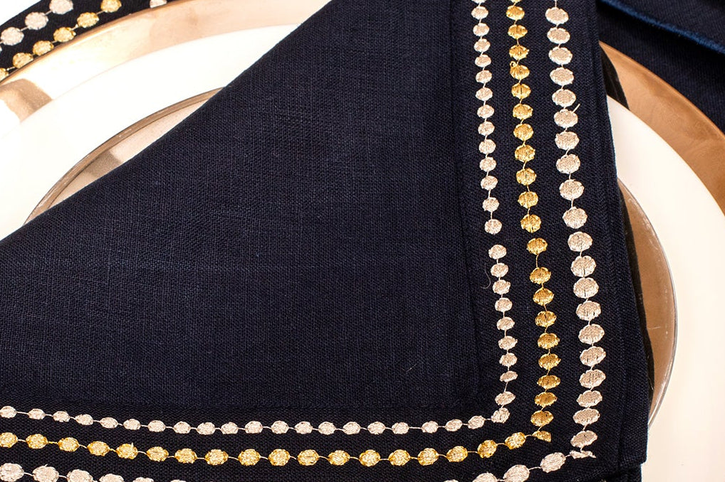 Navy blue linen silver embroidered  cocktail napkin.