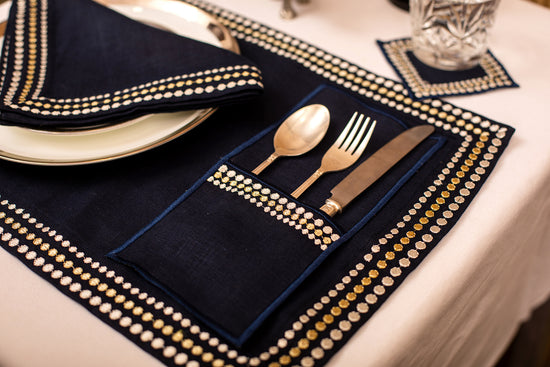Navy blue linen silver embroidered  cutlery holder.