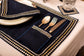 Navy blue linen silver embroidered  cutlery holder.