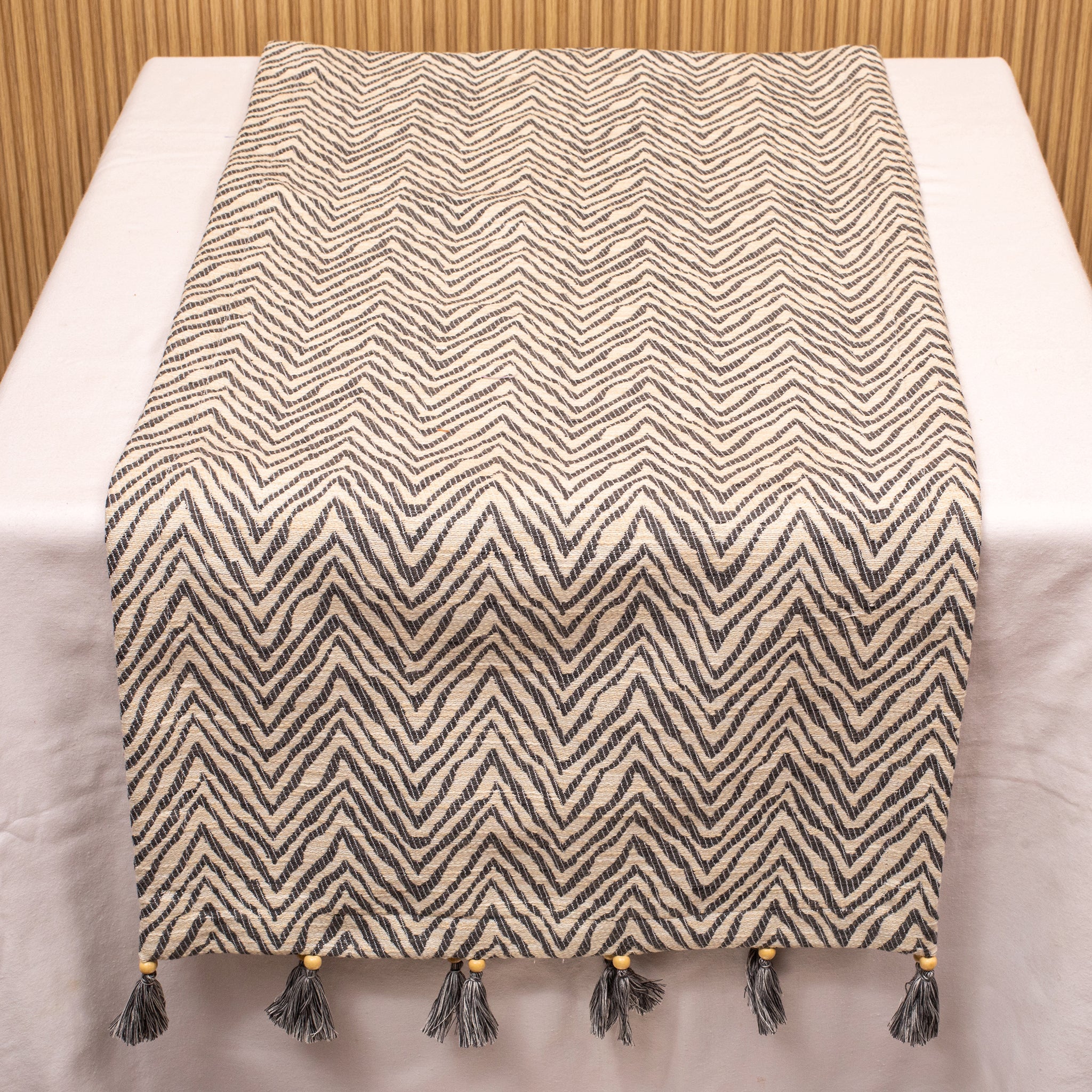 Herringbone blue and cream  linen runner with tassels.