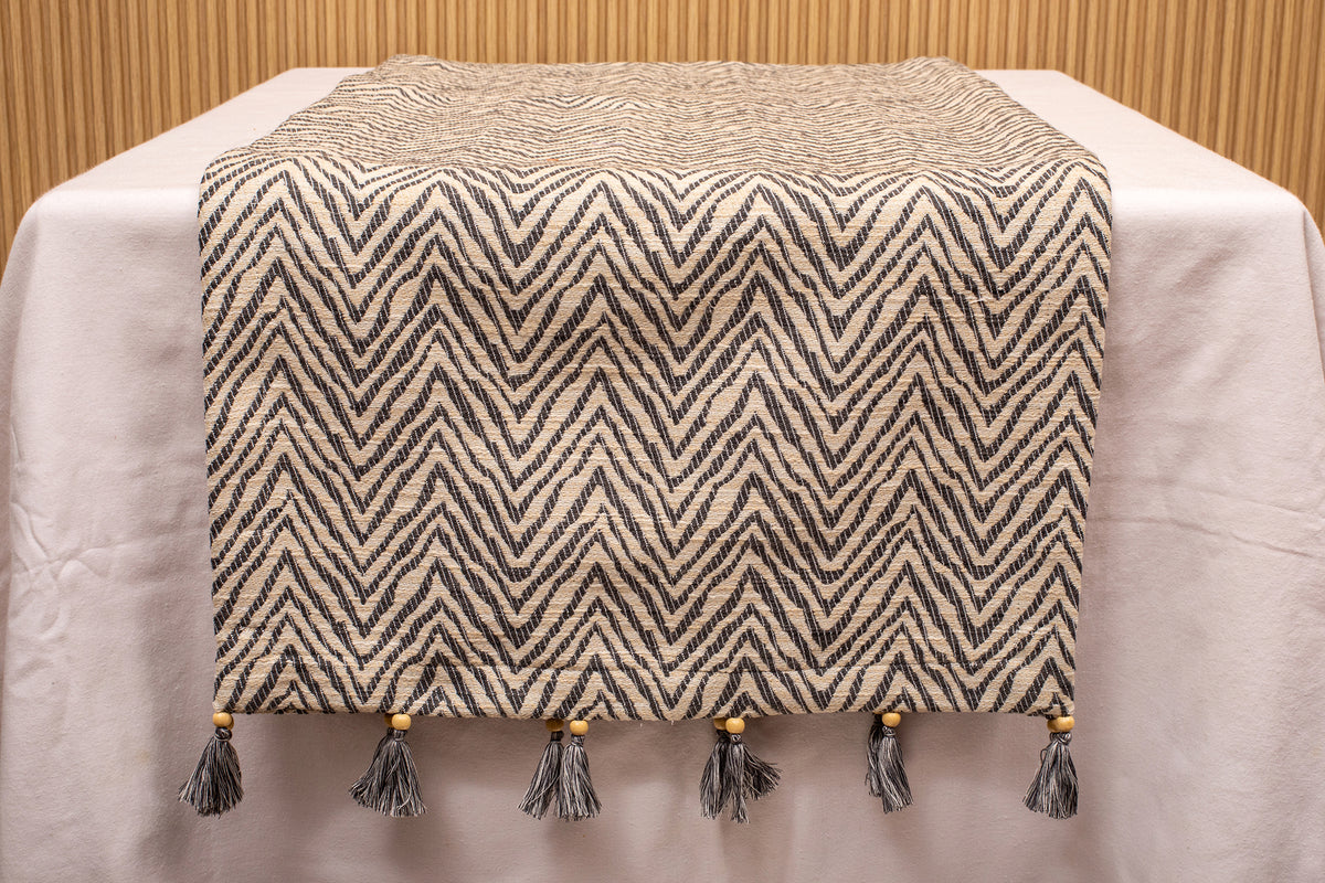Herringbone blue and cream  linen runner with tassels.