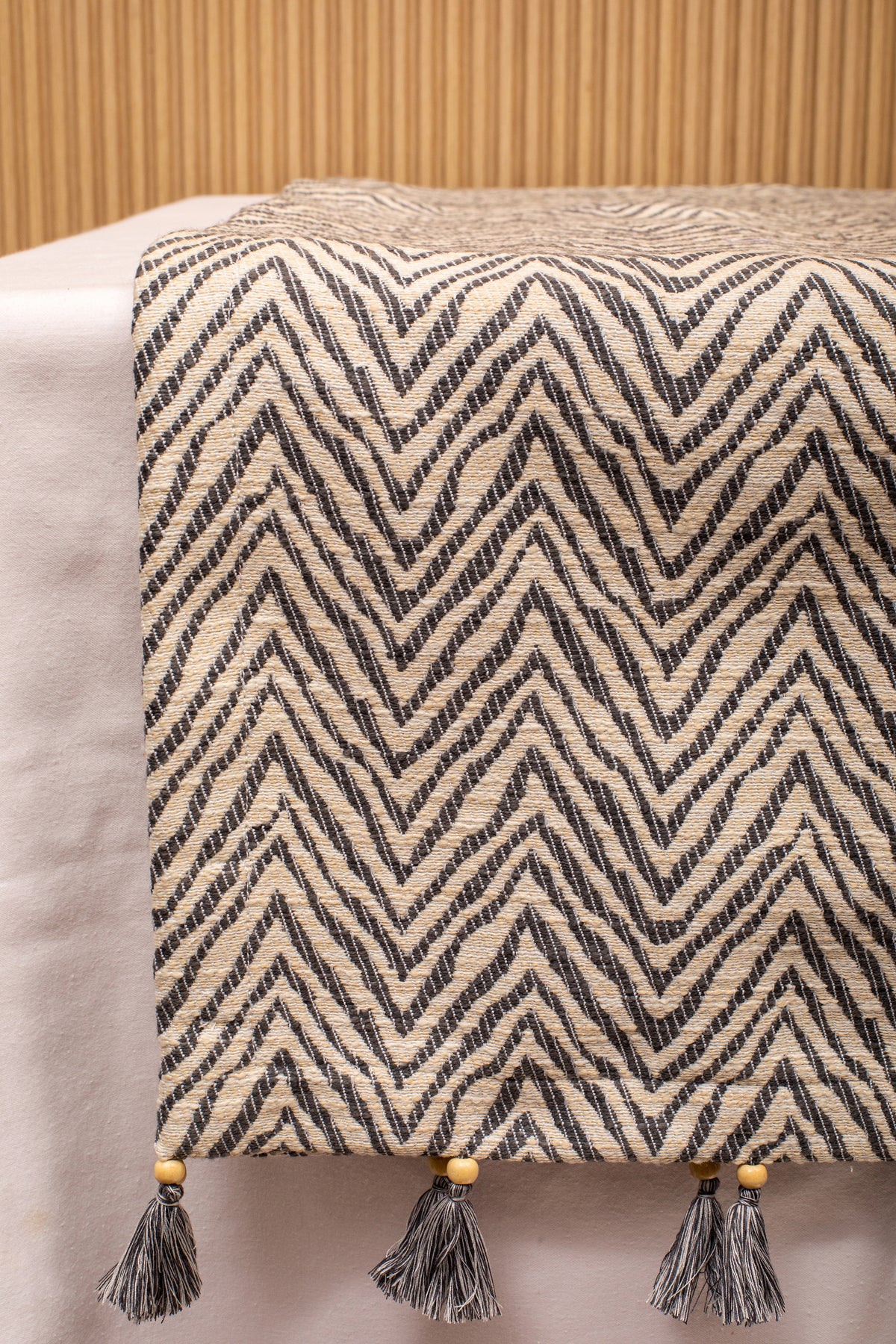 Herringbone blue and cream  linen runner with tassels.