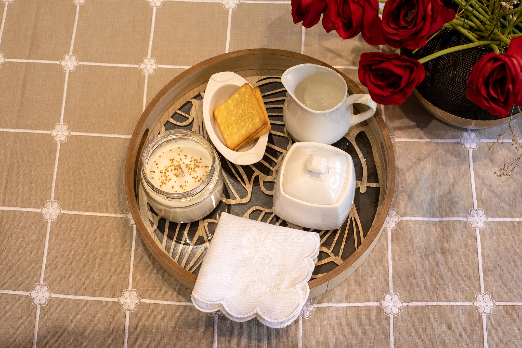 Embroidered linen table cloth.