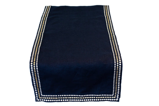 Navy blue linen silver embroidered runner.