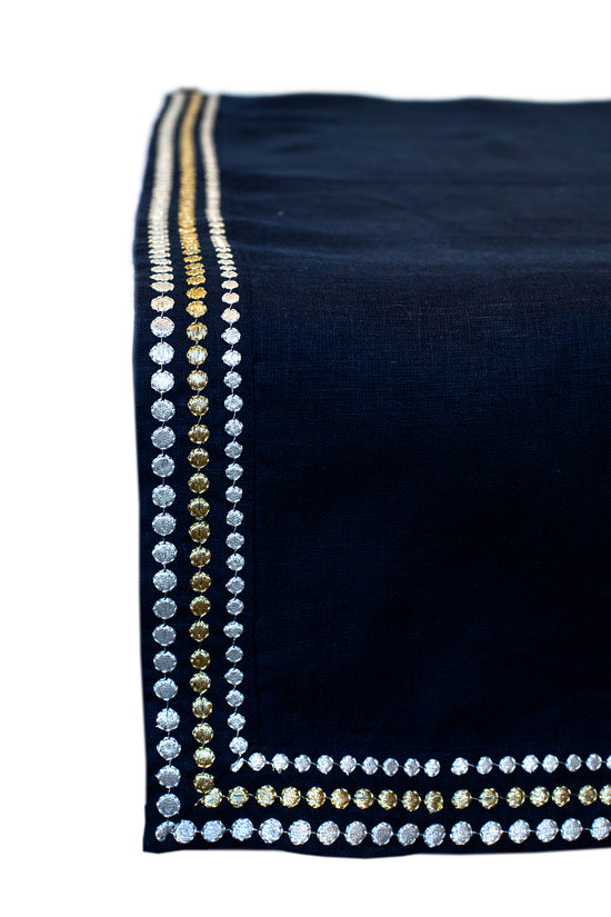 Navy blue linen silver embroidered runner.