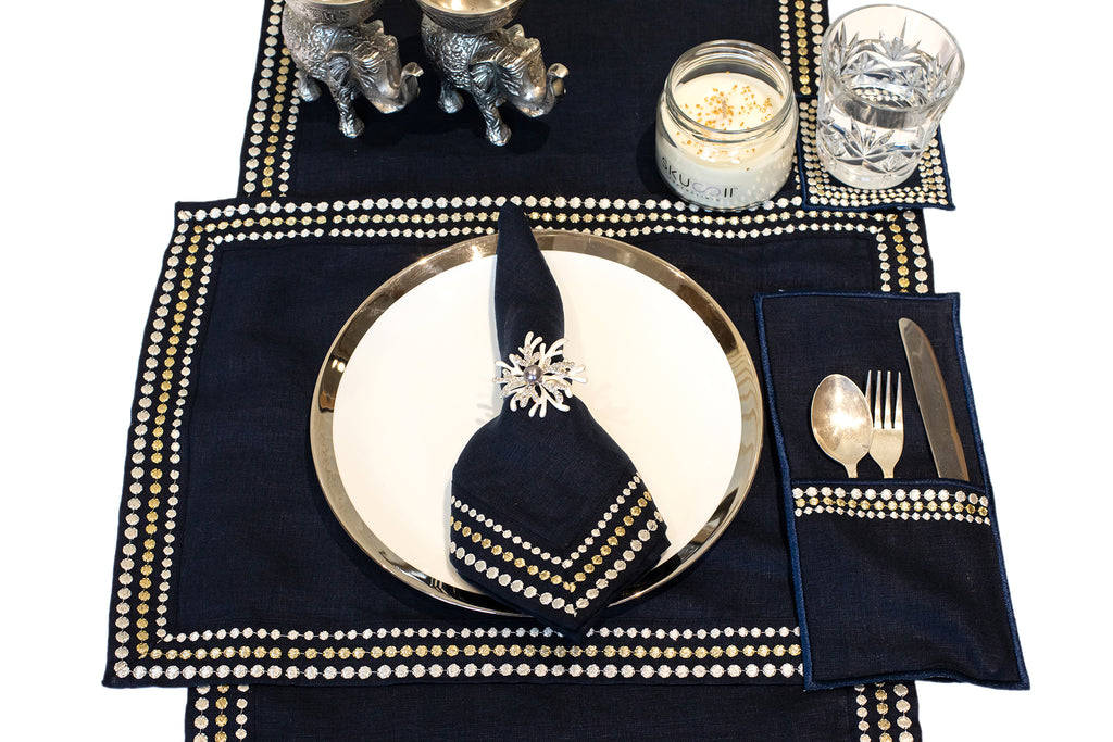 Navy blue linen silver embroidered runner.