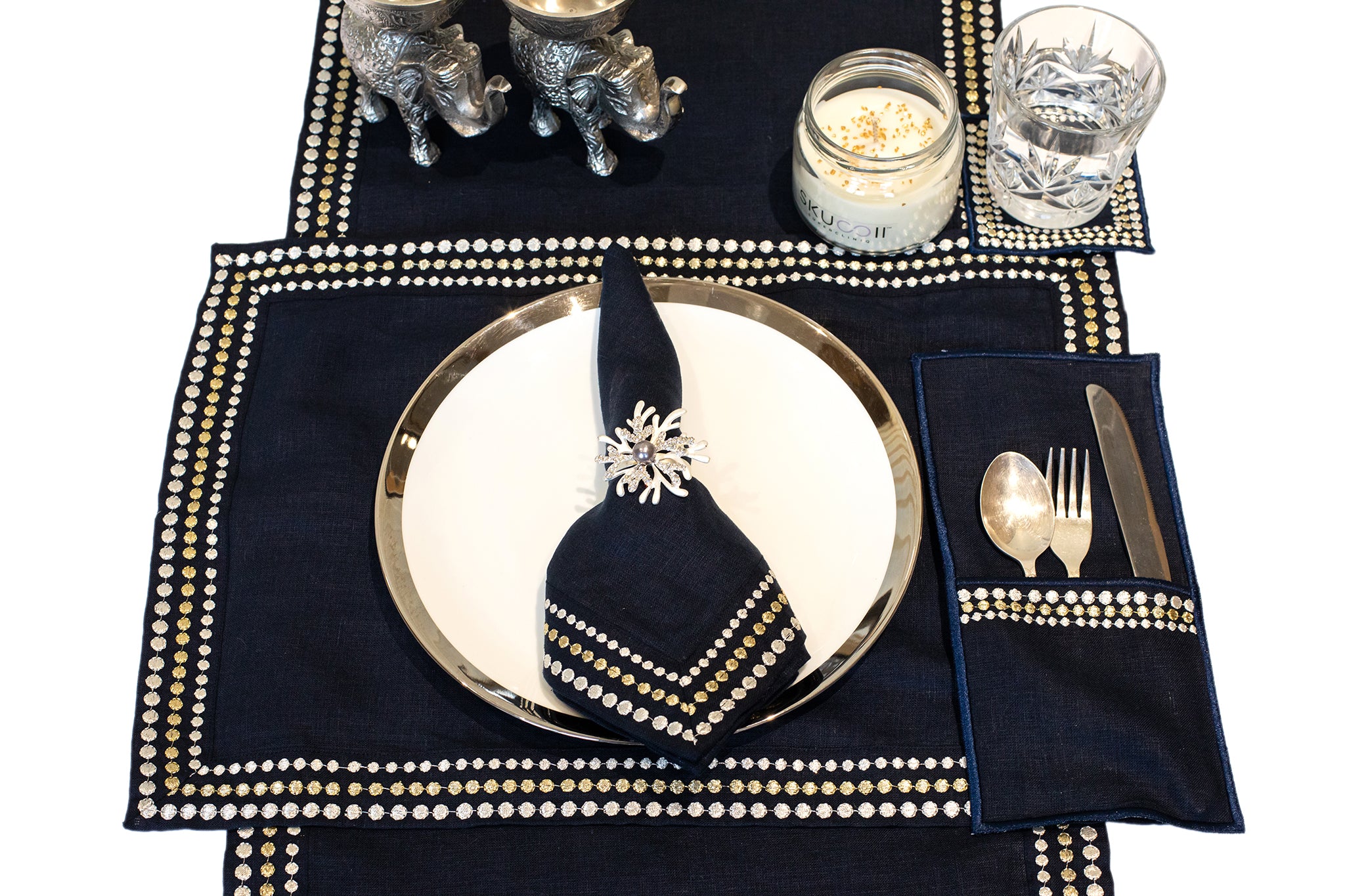 Navy blue linen silver embroidered runner.