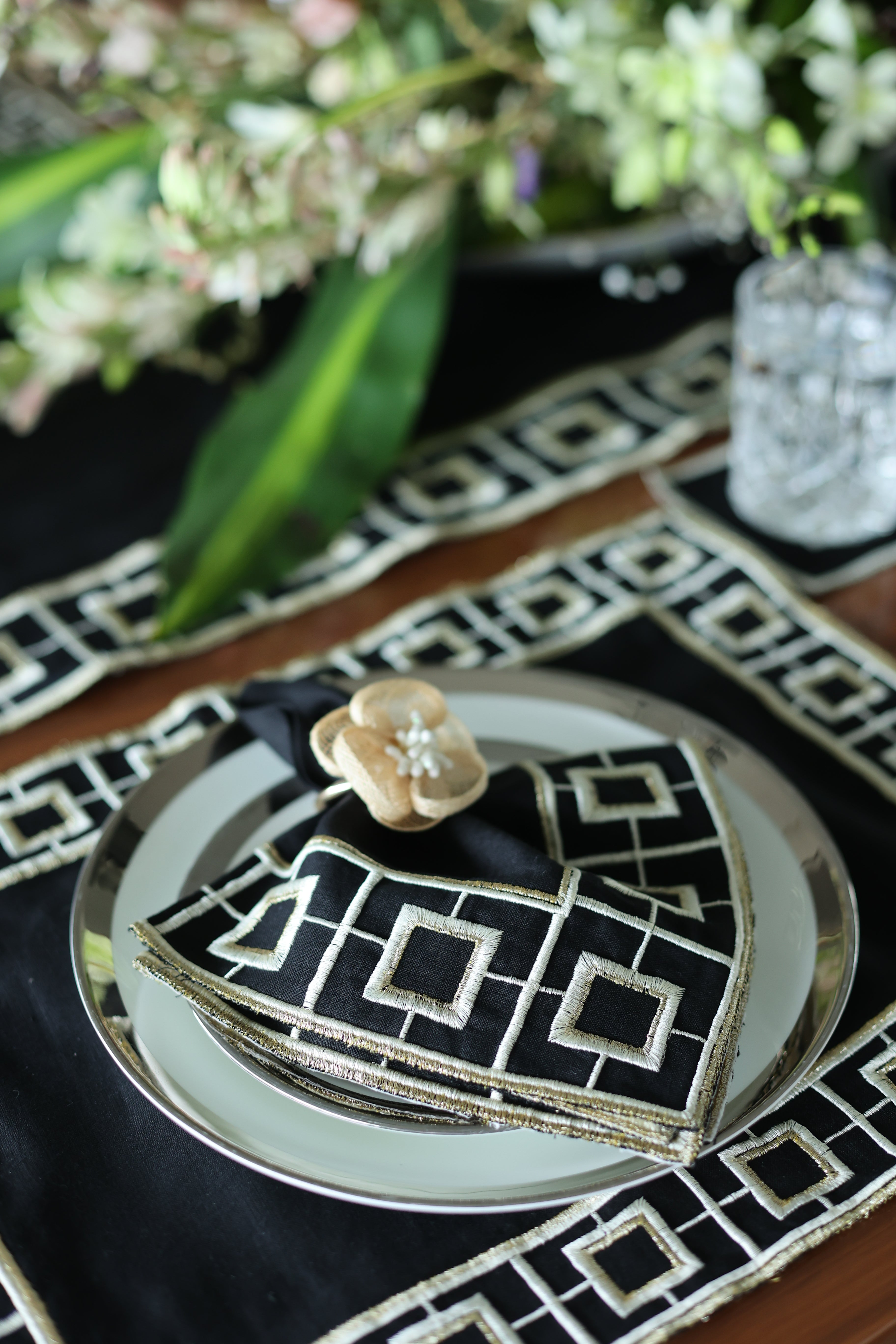 Black linen embroidered runner.