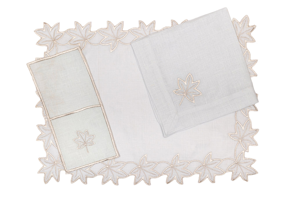 Powder blue linen silver maple leaf  cutlery holder.
