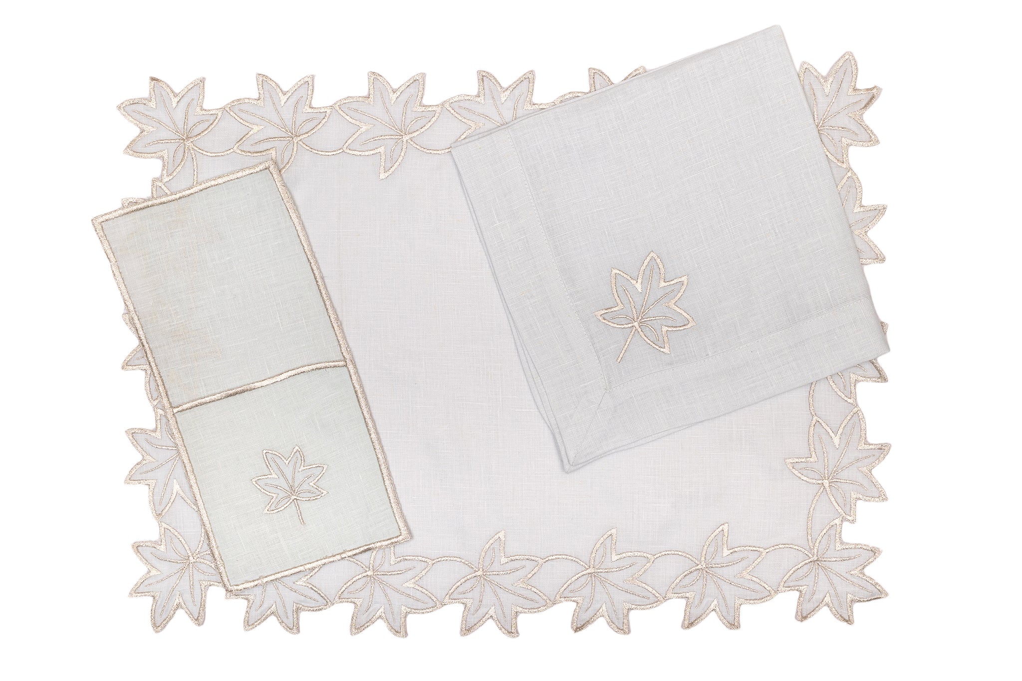 Powder blue linen silver maple leaf  cutlery holder.