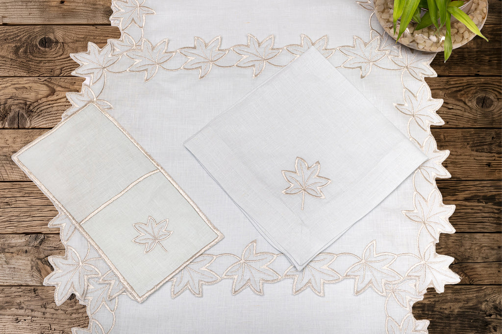 Powder blue linen silver maple leaf  cutlery holder.