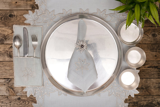 Powder blue linen silver maple leaf  cutlery holder.