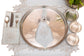 Powder blue linen placemat and napkin with silver cutwork embroidered.