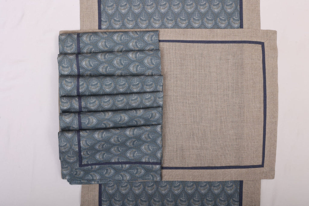 Blue linen peacock print runner with flange.