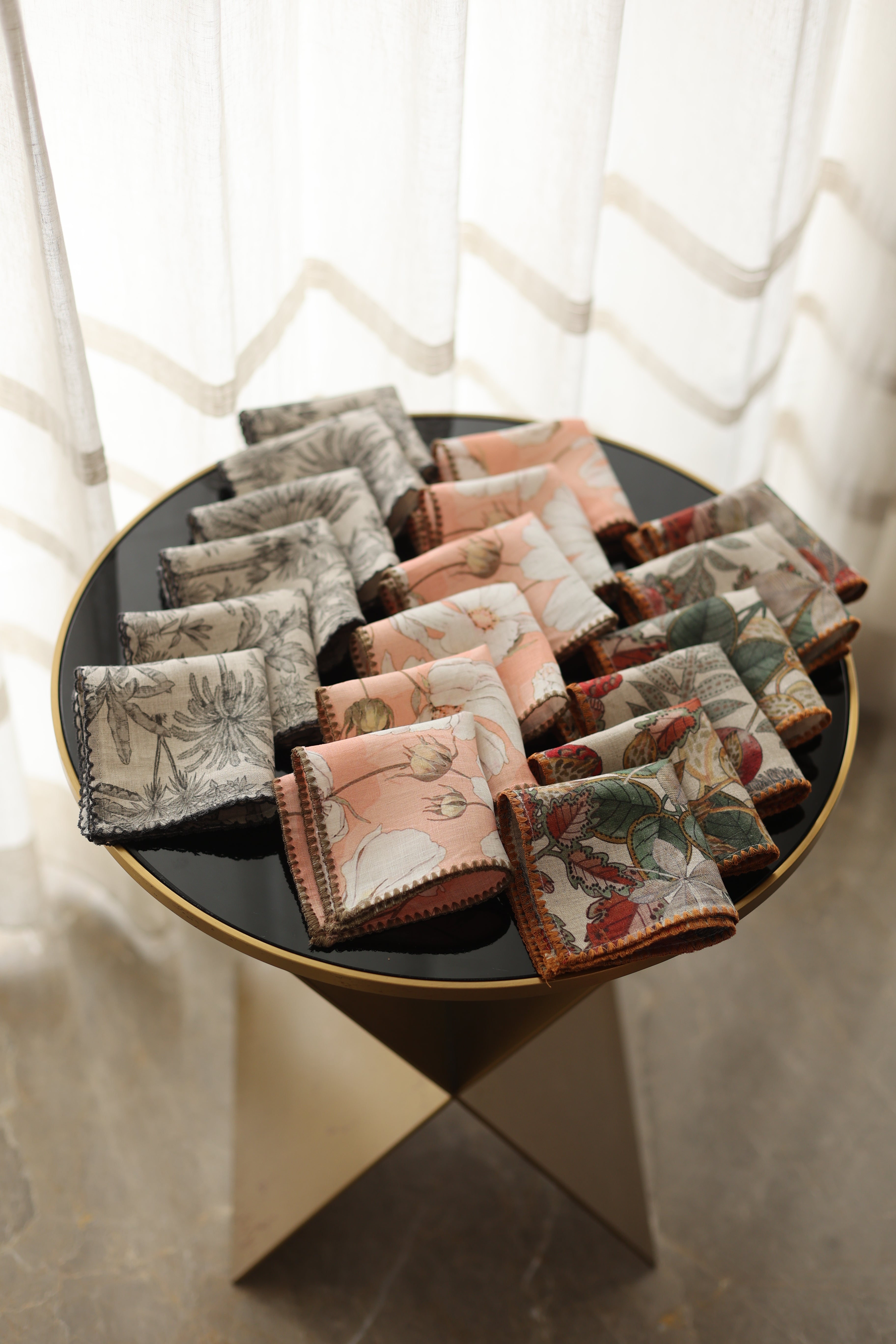 Monochrome printed linen cocktail napkin.