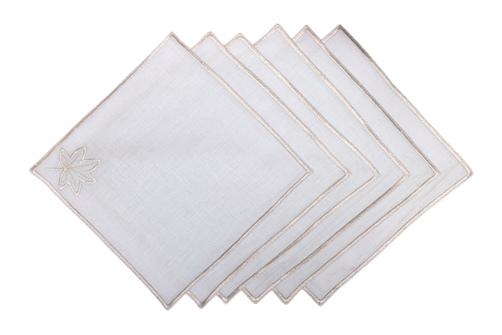Powder blue linen silver maple leaf embroidered cocktail napkin.