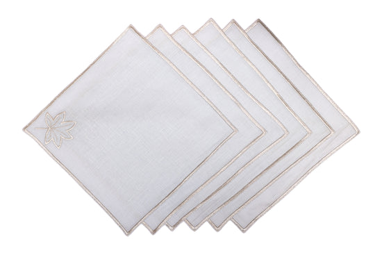 Powder blue linen silver maple leaf embroidered cocktail napkin.