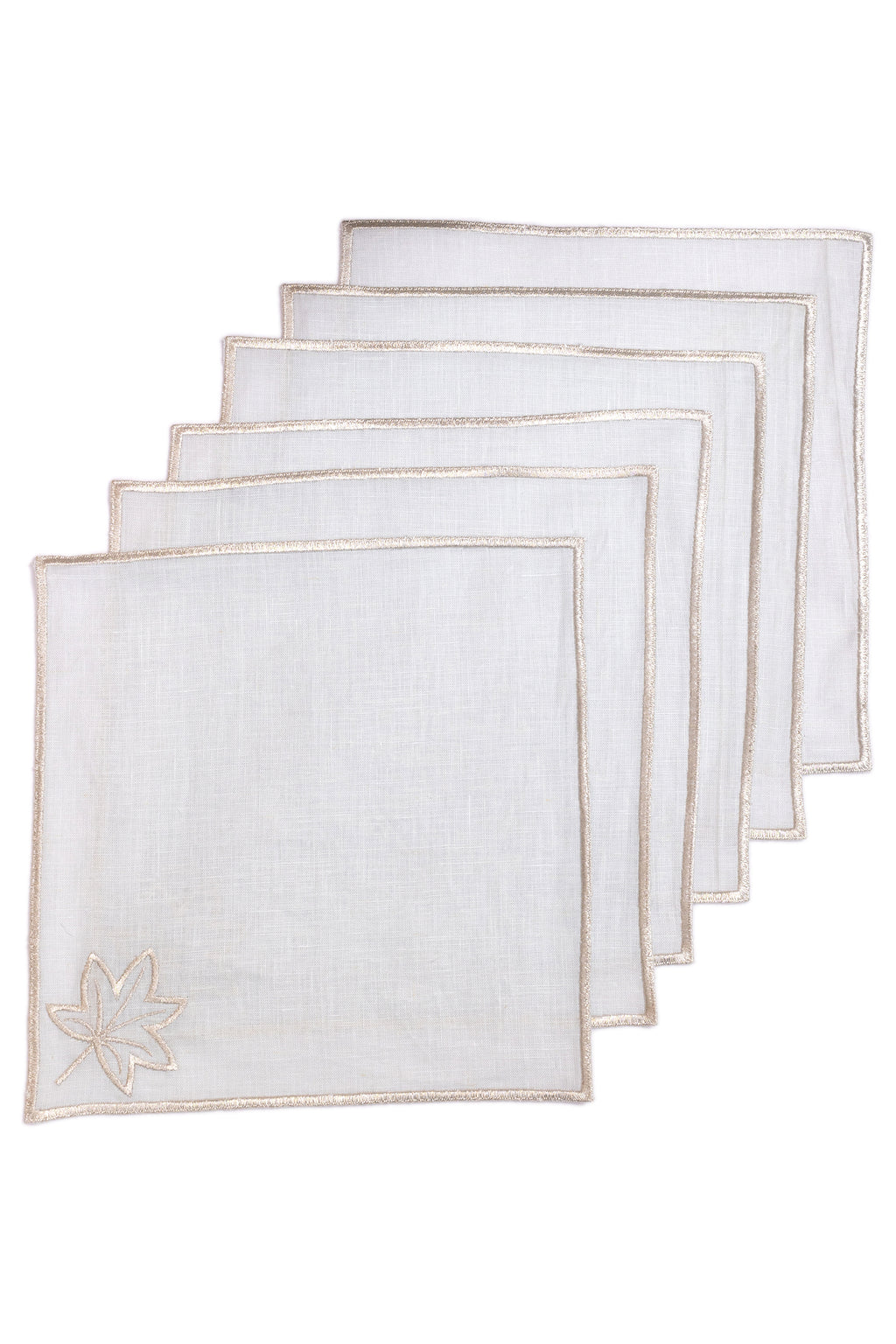 Powder blue linen silver maple leaf embroidered cocktail napkin.
