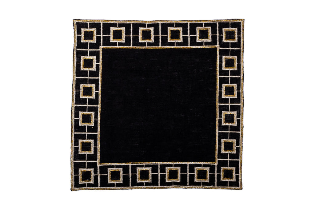 Black linen embroidered cocktail napkin.