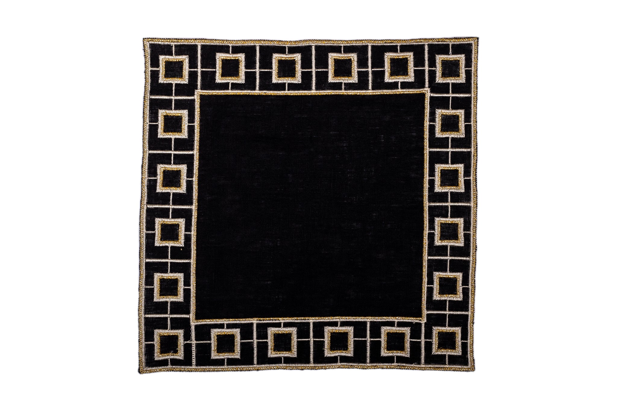 Black linen embroidered cocktail napkin.
