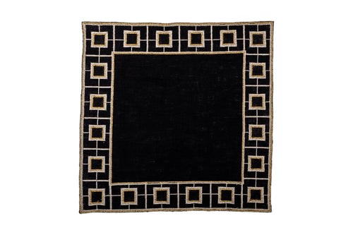 Black linen embroidered cocktail napkin.