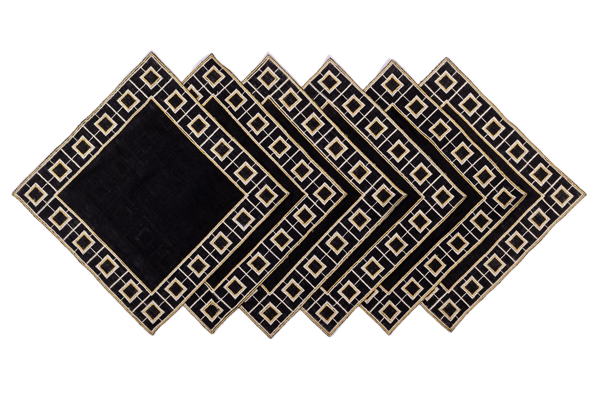 Black linen embroidered cocktail napkin.