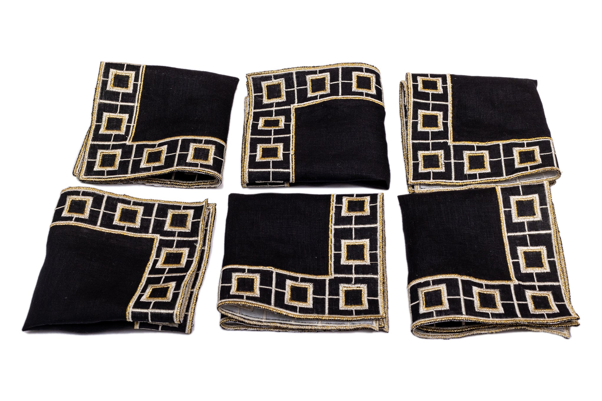 Black linen embroidered cocktail napkin.