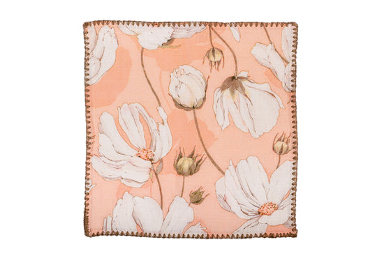 Peach linen white floral printed cocktail napkin.