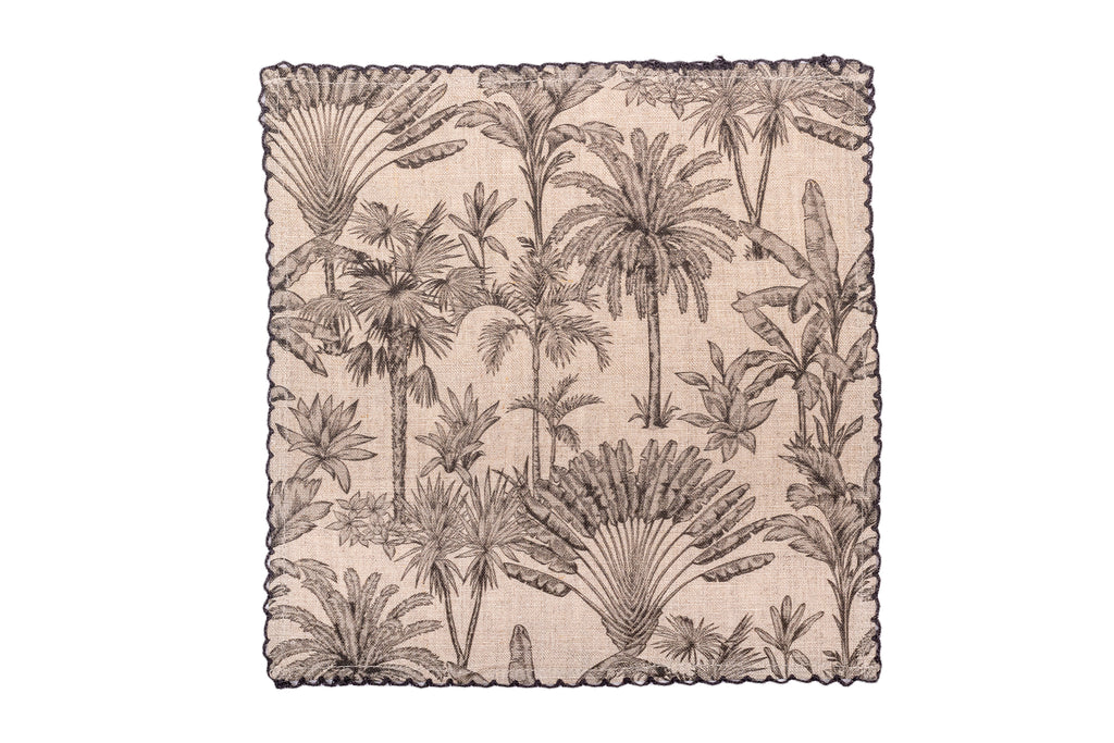 Monochrome printed linen cocktail napkin.