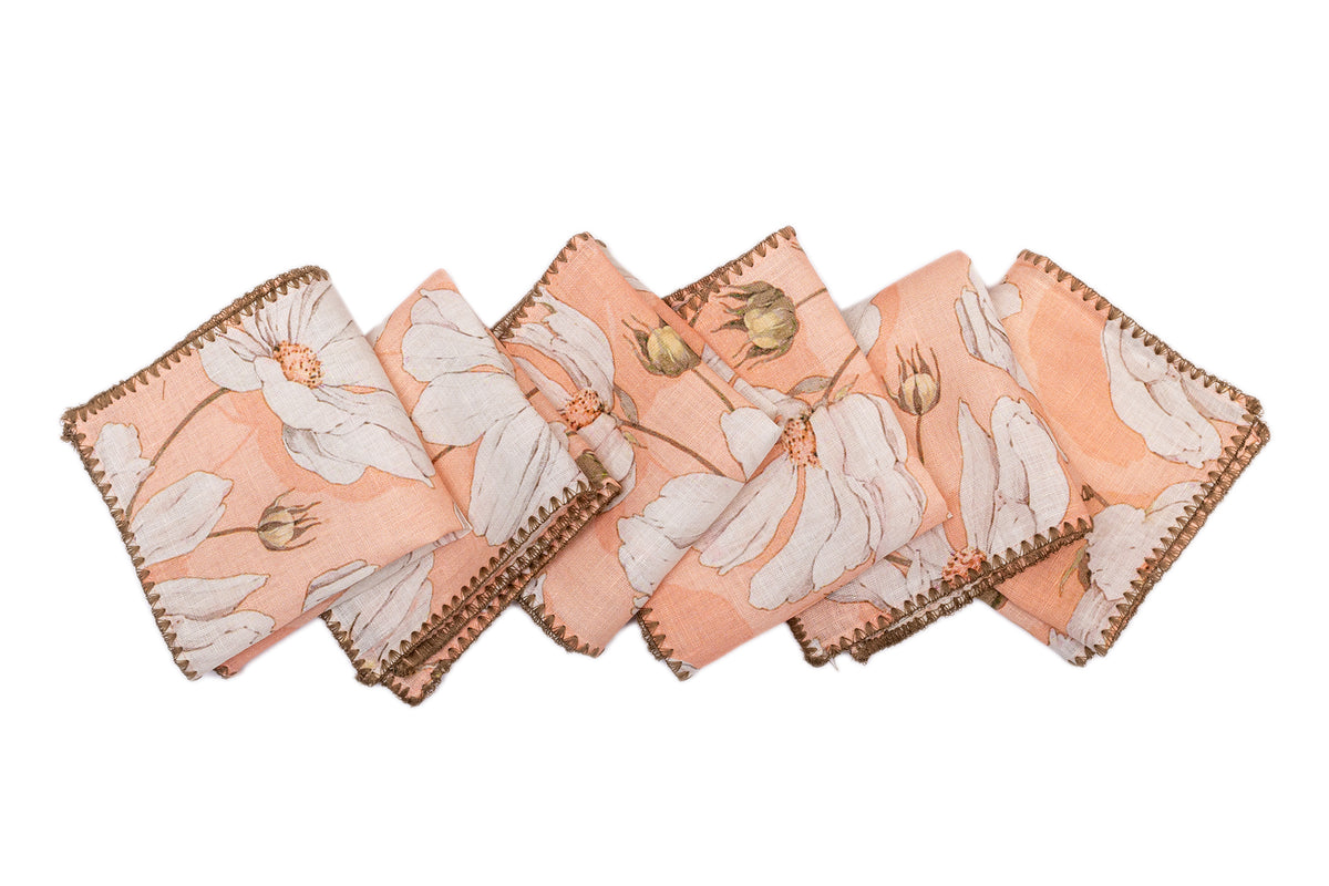 Peach linen white floral printed dinner napkin.