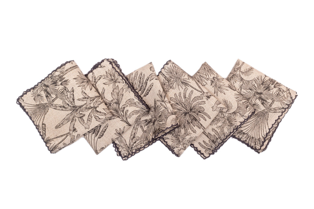 Monochrome printed linen cocktail napkin.