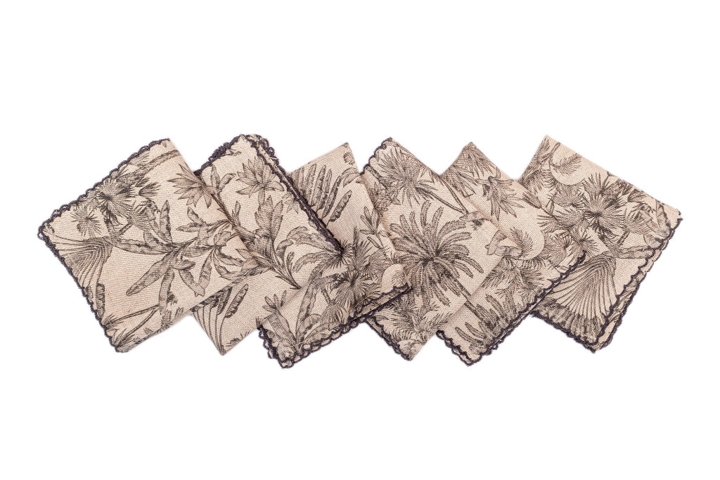 Monochrome printed linen dinner napkin.
