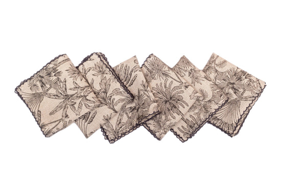 Monochrome printed linen dinner napkin.