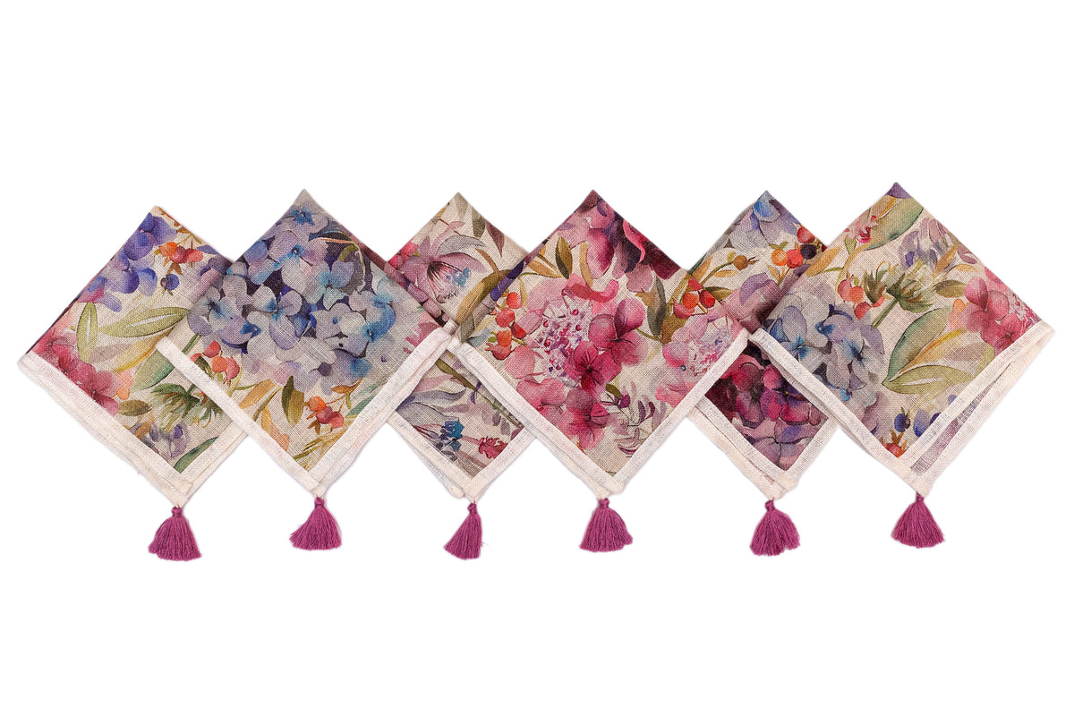 Multicolour floral printed linen cocktail napkin.