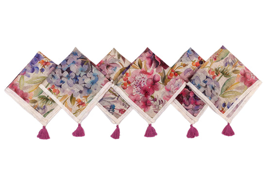 Multicolour floral printed linen cocktail napkin.