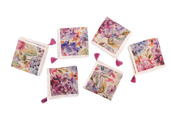 Multicolour floral printed linen cocktail napkin.