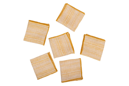 Yellow printed striped linen cocktail napkin.