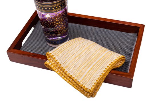 Yellow printed striped linen cocktail napkin.