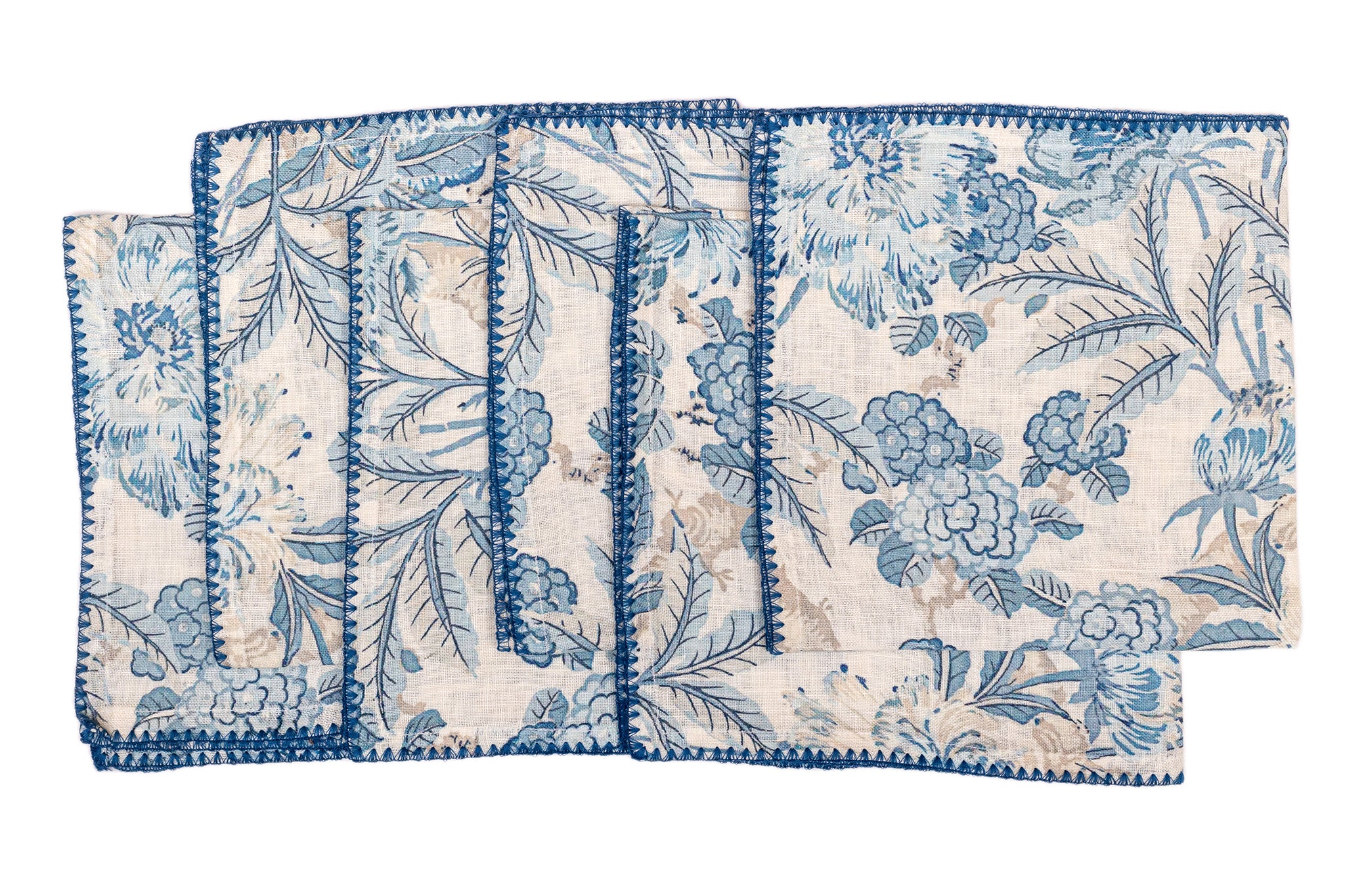 White linen blue leaves printed dinner napkin.