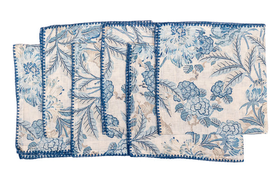 White linen blue leaves printed dinner napkin.