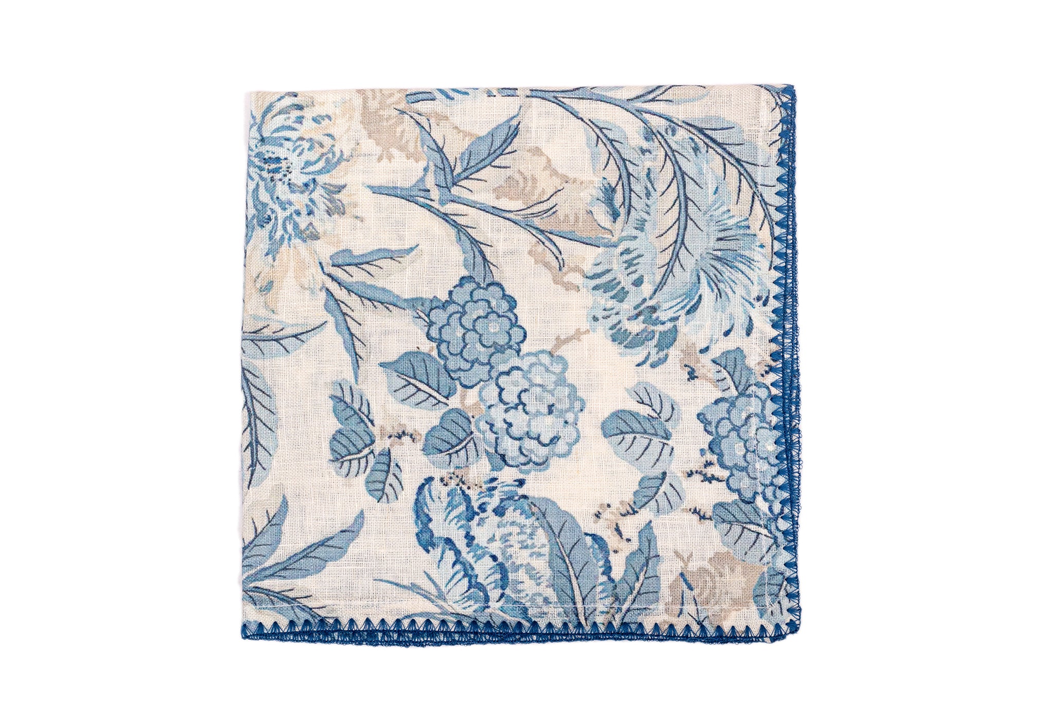 White linen blue leaves printed dinner napkin.