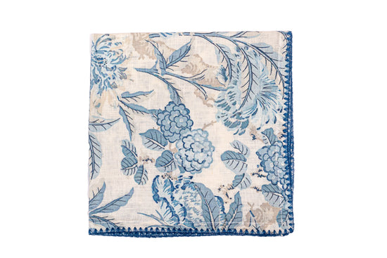 White linen blue leaves printed dinner napkin.