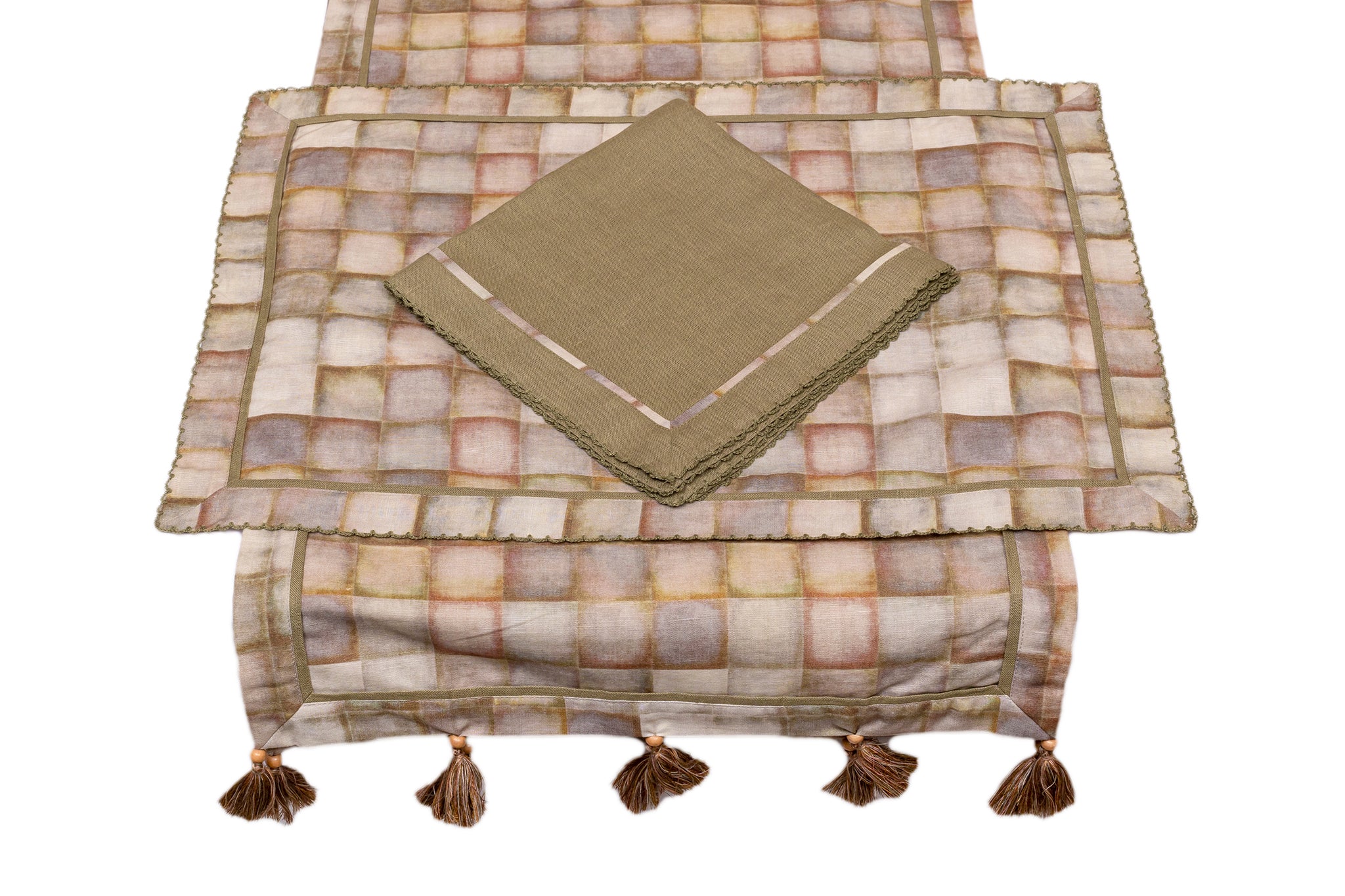 Olive green linen printed placemats with olive green linen napkin.
