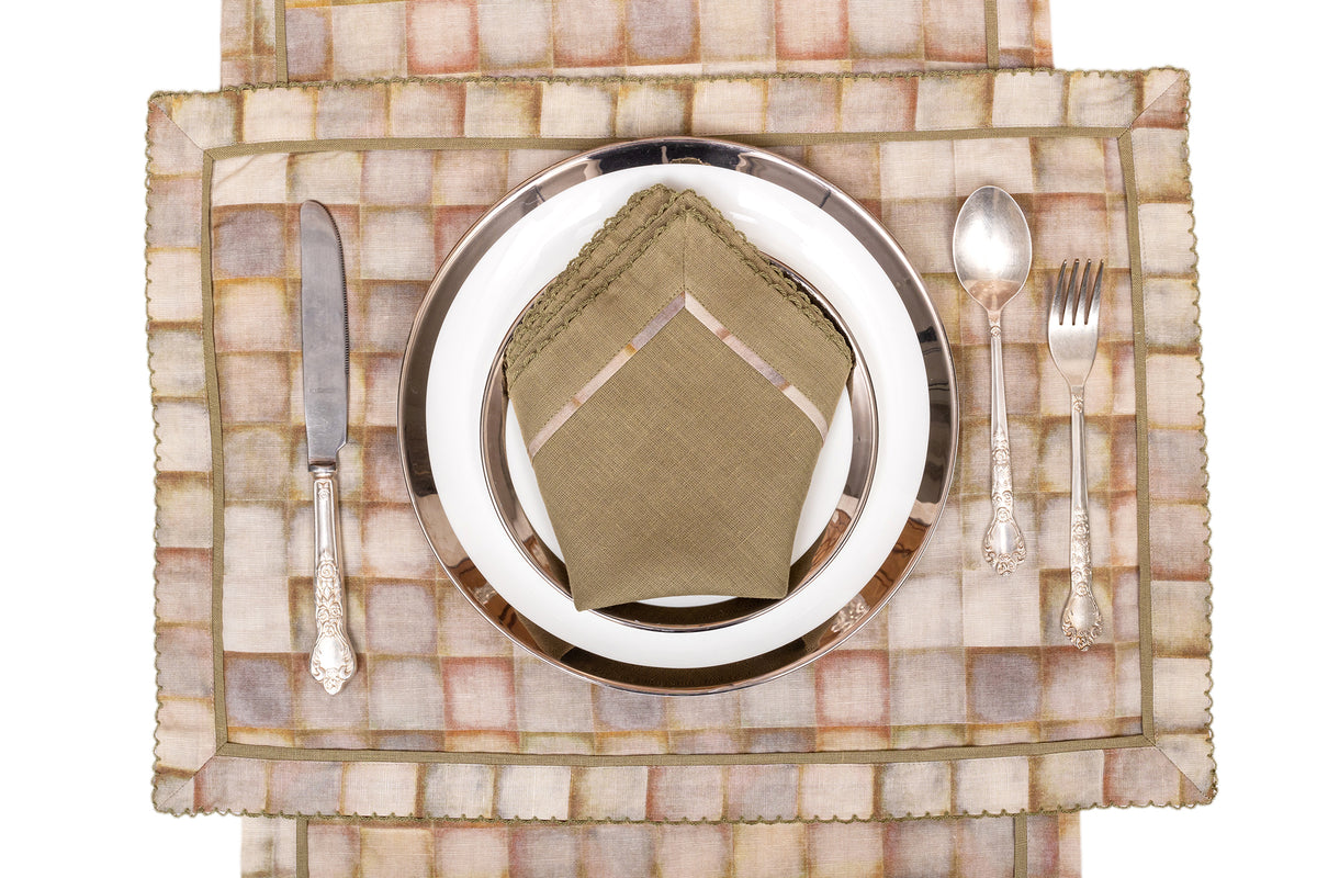 Olive green linen printed placemats with olive green linen napkin.
