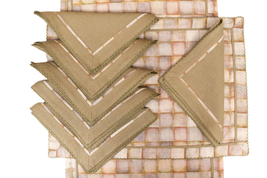 Olive green linen printed placemats with olive green linen napkin.