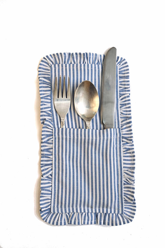 Striped linen ruffles cutlery holder.