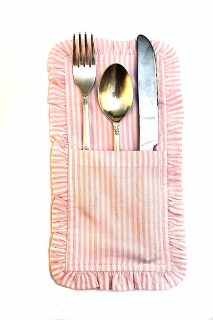 Striped linen ruffles cutlery holder.