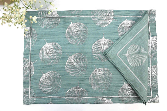 Turquoise printed linen placemats with  linen napkins.