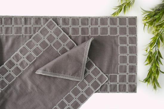 Grey linen runner with embroidery